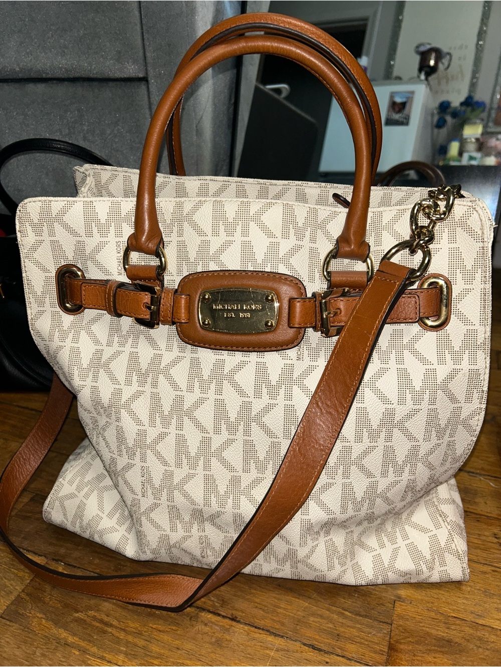 Michael Kors Hamilton Cream MK Monogram Satchel with Tan Leather Accents